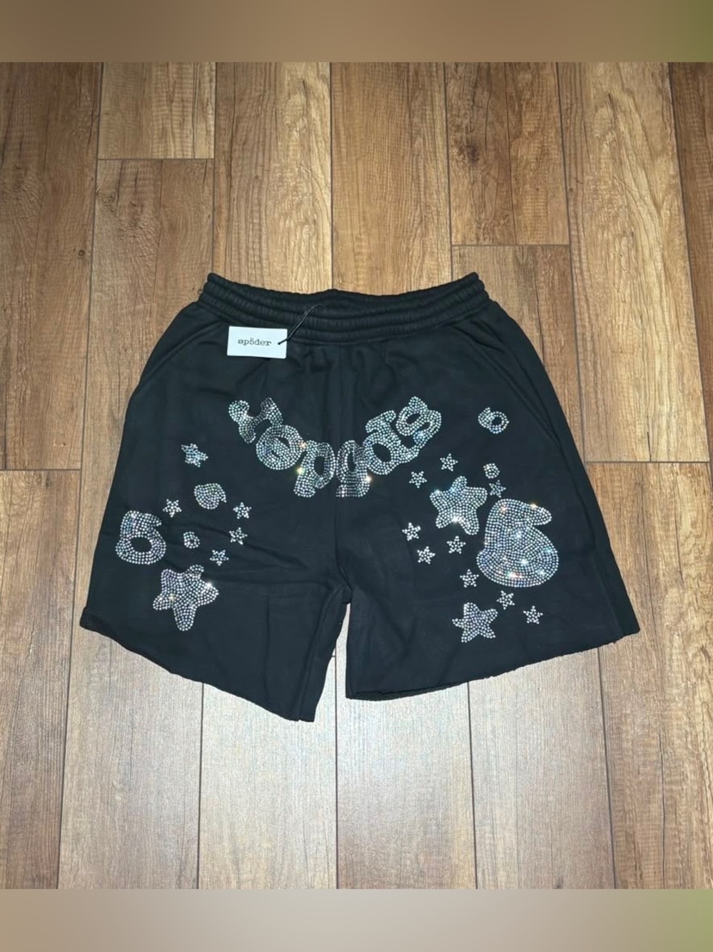 Sp5der Black VVS Rhinestone Shorts Brand New